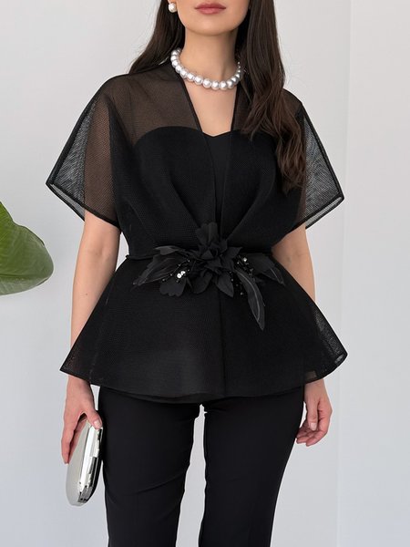 

Elegant Plain V Neck Kimono With 3D Flower Belt No Vest, Black, Kimonos