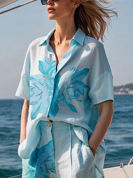 

Casual Floral Printing Shirt Collar Raglan Sleeve Shirt, Blue, Blouses and Shirts
