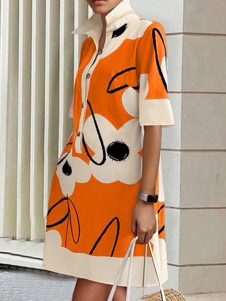 

Casual Floral Printing Shirt Collar Mini Dress, Orange, Mini Dresses