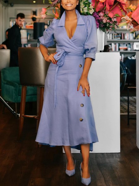 

Cotton Casual Plain Buttoned Shirt Collar Midi Dress, As picture, Midi Dresses