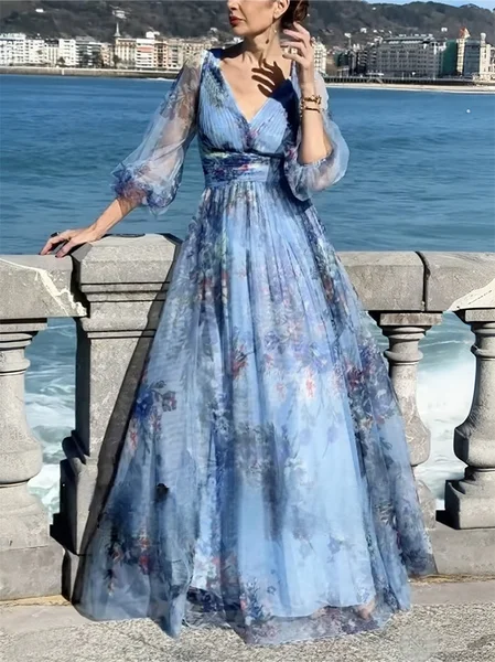 

Vacation Floral Balloon Sleeve Printing V Neck Maxi Dress, Blue, Maxi Dresses