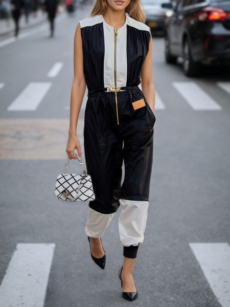 

Urban Zipper Plain Crew Neck Jumpsuit, Black, Jumpsuits