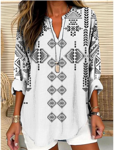 

V Neck Long Sleeve Geometric Regular Micro-Elasticity Regular Fit Shirt For Women, White, Shirts