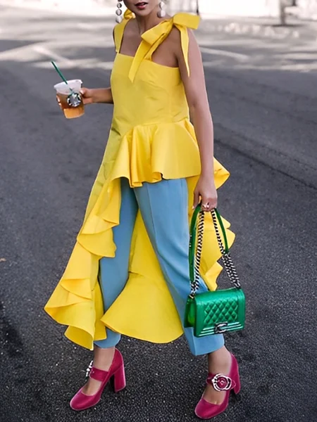 

Cotton Urban Plain Peplum Spaghetti Blouse, Yellow, Blouses and Shirts
