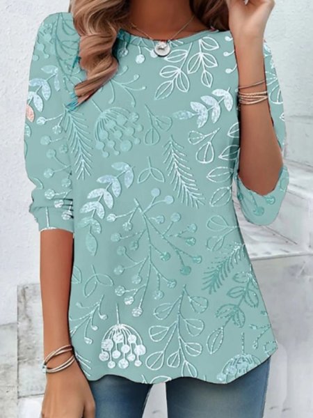 

Crew Neck Long Sleeve Floral Regular Micro-Elasticity Regular Fit Shirt For Women, Green, T-shirts