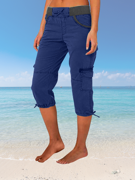 

Women Plain Capris Elastic Waist Pants Casual Summer Trousers, Royal blue, Pants