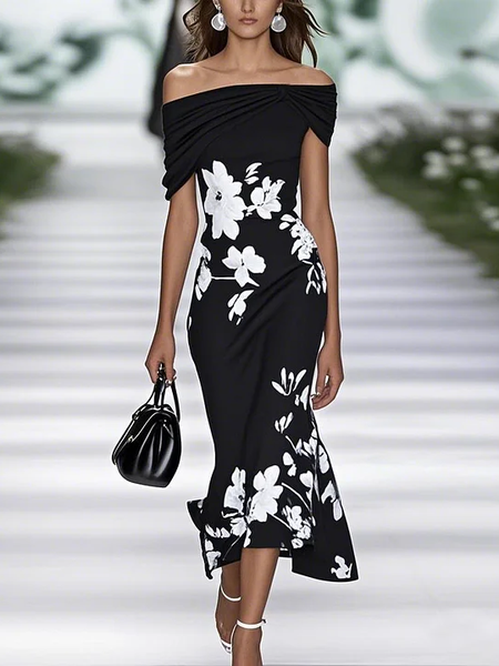 

Women Floral Cap Sleeve Summer Printing Dress Cold Shoulder Daily Vintage Maxi H-Line Dress, Black, Casual Dresses