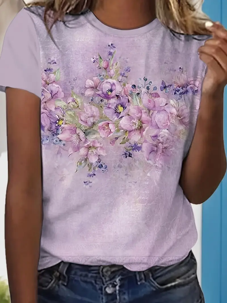 

Women Floral Short Sleeve Tee T-shirt Crew Neck Printing Casual Summer Graphic Tee Top, Purple, T-Shirts