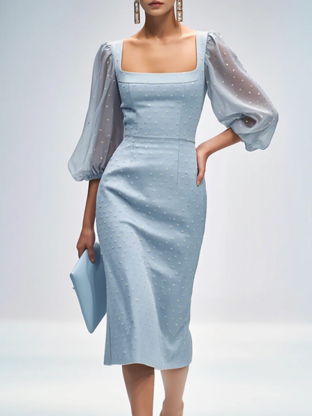 

Elegant Plain Balloon Sleeve Midi Dress, Blue, Midi Dresses