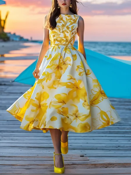 

Elegant Floral Printing Crew Neck Midi Dress, Yellow, Midi Dresses