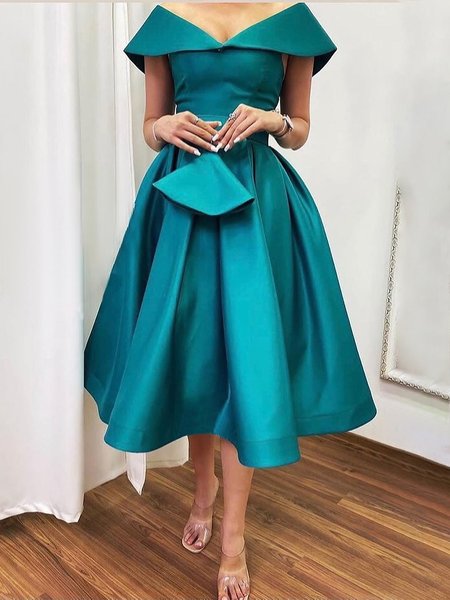 

Satin Elegant Plain Shawl Collar Midi Party Dress, As picture, Midi Dresses