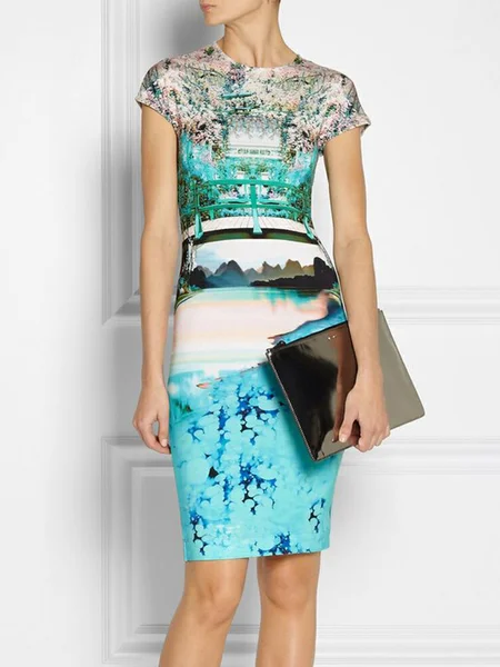 

Elegant Random Print Printing Crew Neck Knee Length Dress, As picture, Mini Dresses