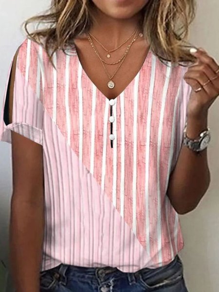 

Casual Striped V Neck Short Sleeve T-shirt, Pink, T-shirts