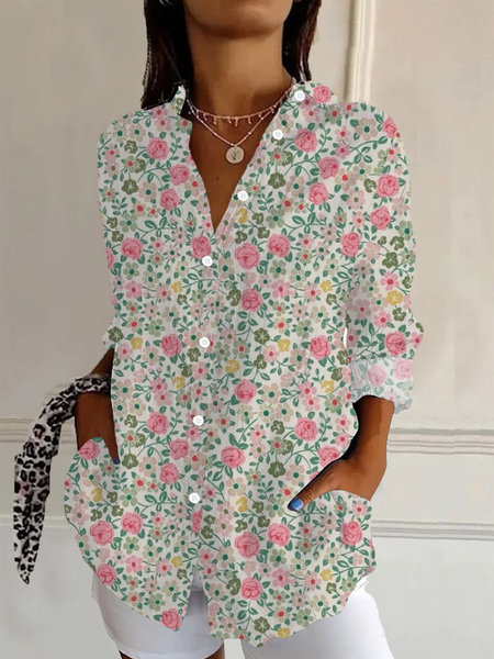 

Women Floral Long Sleeve Shirt Spring/Fall Buckle Shirt Collar Daily Casual Top, As picture, Shirts