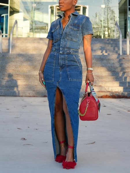 

Denim Casual Plain Pockets Shirt Collar Maxi Dress, Denim blue, Maxi Dresses