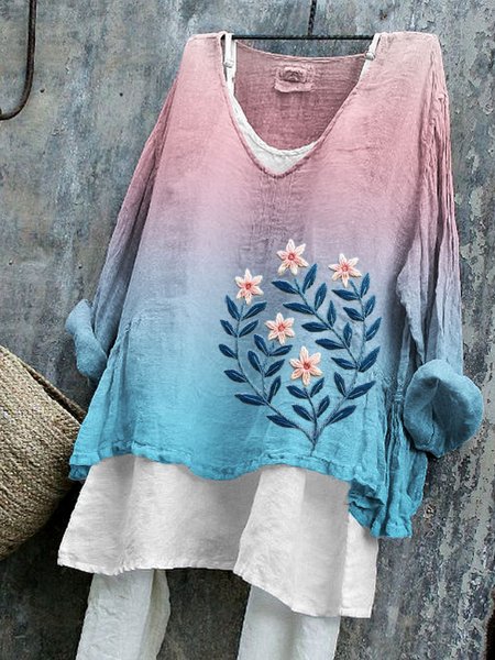 

V Neck Long Sleeve Floral Regular Micro-Elasticity Regular Fit Shirt For Women, Pink, Shirts