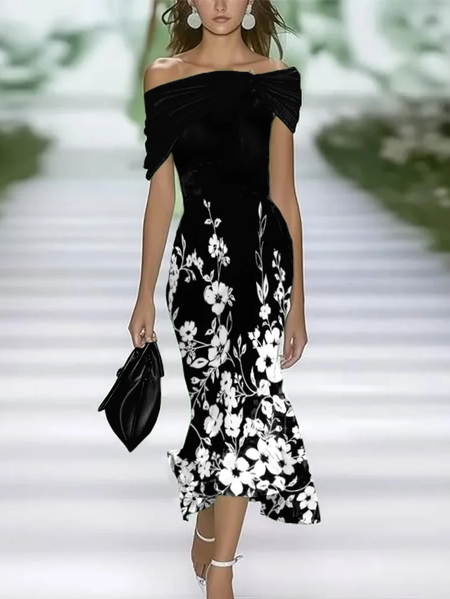 

Women Floral Cap Sleeve Summer Printing Dress Cold Shoulder Daily Vintage Maxi H-Line Dress, Black, Casual Dresses