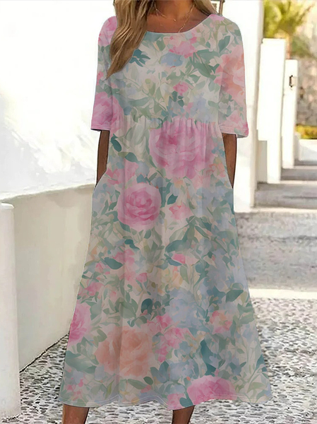 

Women Floral Half Sleeve Summer Printing Dress Crew Neck Daily Casual Maxi A-Line Dress, Green, Casual Dresses