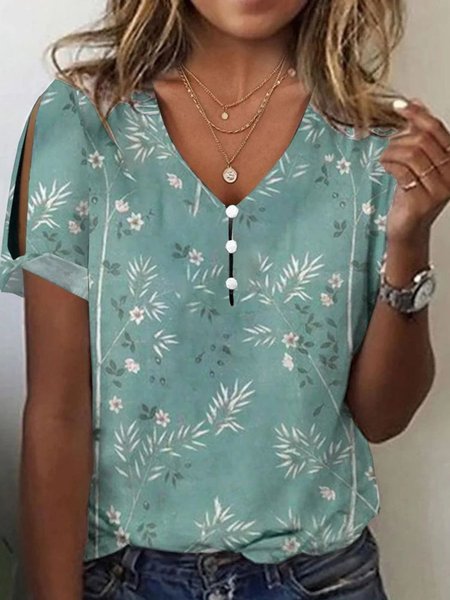 

Casual Plants V Neck Short Sleeve T-shirt, Lightgreen, T-shirts