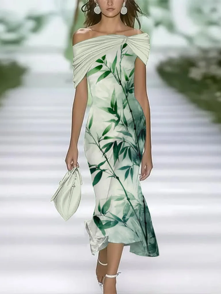 

Women Floral Cap Sleeve Summer Printing Dress Cold Shoulder Daily Vintage Maxi H-Line Dress, Green, Casual Dresses