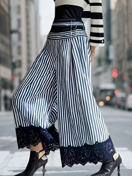 

Casual Striped Buttoned Wide Leg Pants, Blue, Pants
