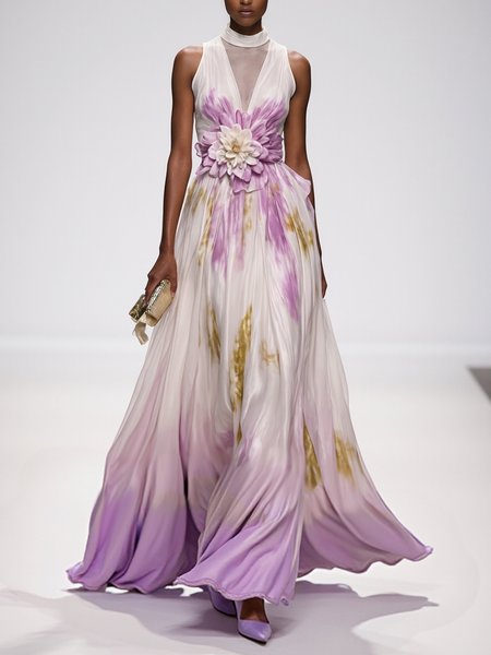 

Elegant Tie-Dye Pattern Halter Maxi Dress With Belt, Purple, Maxi Dresses