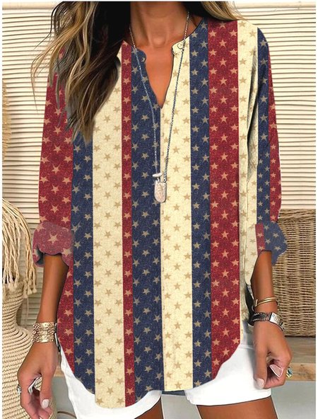 

V Neck Long Sleeve Geometric Regular Micro-Elasticity Regular Fit Shirt For Women, Khaki, Shirts