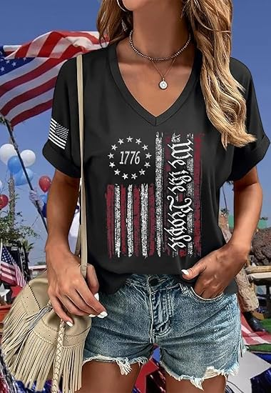 

Casual America Flag V Neck Short Sleeve T-shirt, Black, T-shirts