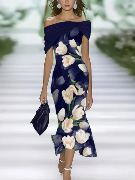 

Women Floral Cap Sleeve Summer Printing Dress Cold Shoulder Daily Vintage Maxi H-Line Dress, Purplish blue, Casual Dresses