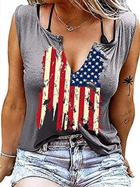 

Casual Notched America Flag Tank Top, Gray, Tanks & Camis