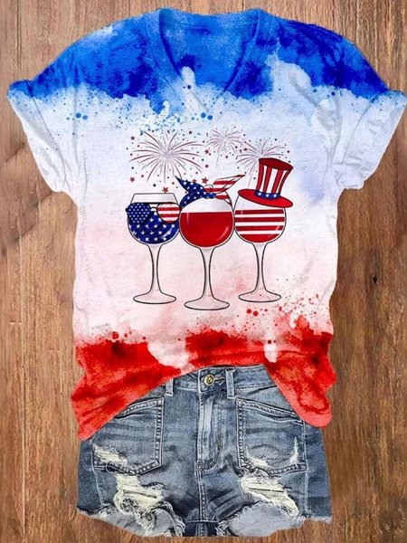 

Casual America Flag V Neck Short Sleeve T-shirt, Blue-white, T-shirts