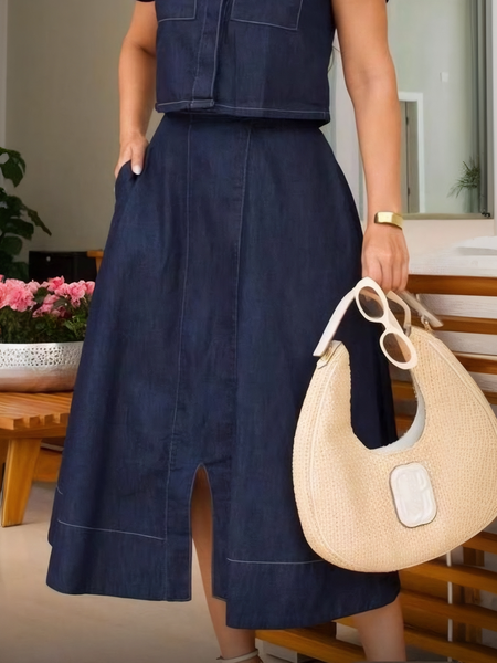 

Casual Distressing Plain Midi Denim Skirt, Blue, Denim Skirts