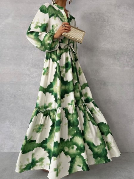 

Women Floral Spring/Fall Dress V Neck Long Sleeve Formal Dress A-Line Dress, White-green, Dresses