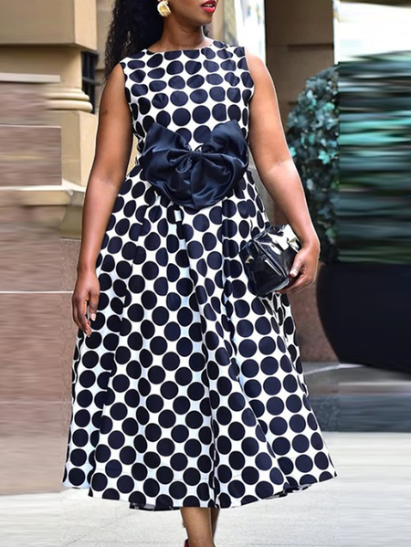 

Elegant Polka Dots Bow Midi Dress, Black, Midi Dresses