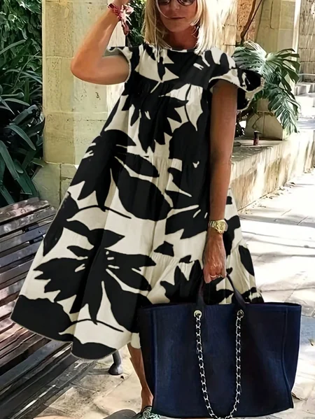 

Vacation Floral Printing Midi Dress, Black, Midi Dresses