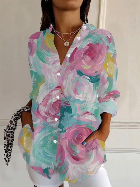 

Women Floral Long Sleeve Shirt Spring/Fall Buckle Shirt Collar Daily Casual Top, Green, Shirts