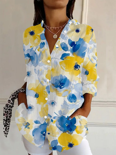 

Women Floral Long Sleeve Shirt Spring/Fall Buckle Shirt Collar Daily Casual Top, White, Shirts