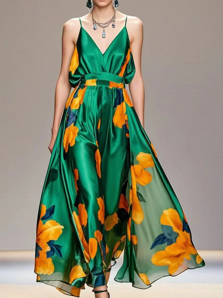 

Elegant Floral Printing Spaghetti Maxi Dress, Green, Maxi Dresses
