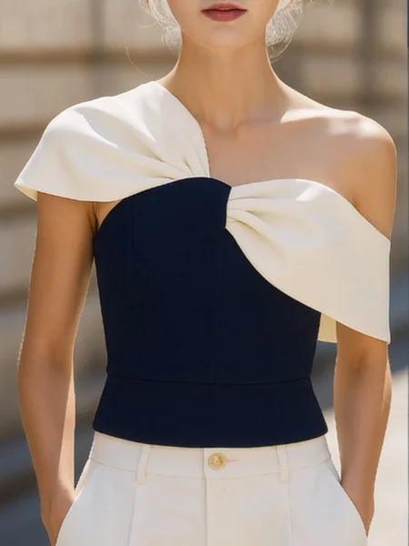 

Urban Color Block Split Joint Cold Shoulder Off Shoulder Sleeve Blouse, Black-white, Blouses and Shirts