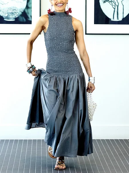 

Elegant Plain Split Joint Stand Collar Maxi Dress, Gray, Maxi Dresses