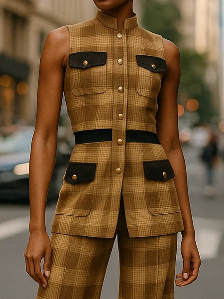 

Urban Split Joint Plaid Lapel Collar Vest, Yellow, Vests and Gilets