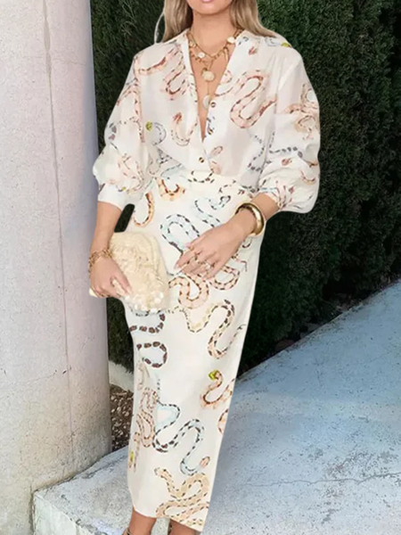 

Women Floral Printing Two-Piece Set Daily Long Sleeve Casual Spring/Fall Top With Skirt Matching Set, Ivory, Suit Set