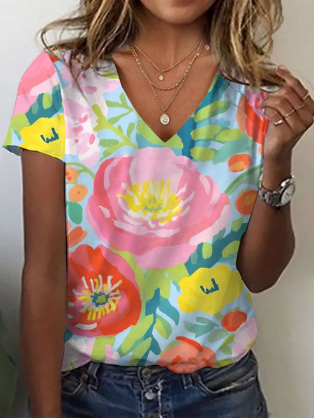 

Women Floral Short Sleeve Tee T-shirt V Neck Printing Casual Summer Graphic Tee Top, Multicolor, T-Shirts