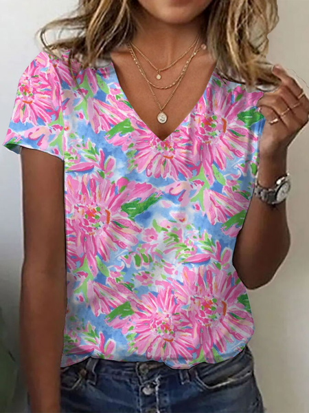 

Women Floral Short Sleeve Tee T-shirt V Neck Printing Casual Summer Graphic Tee Top, Pink, T-Shirts