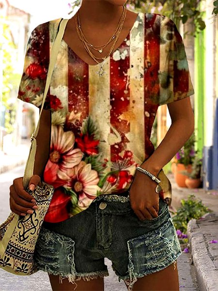 

Casual Floral V Neck Short Sleeve T-shirt, Khaki, T-shirts