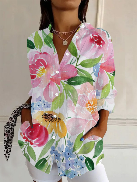 

Women Floral Long Sleeve Shirt Spring/Fall Buckle Shirt Collar Daily Casual Top, White, Shirts