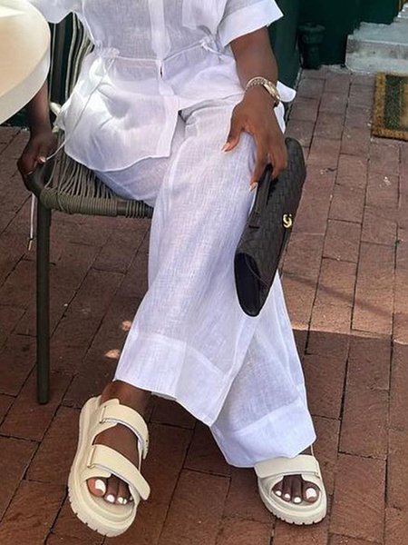 

Linen blend Casual Plain Straight Pants, White, Pants