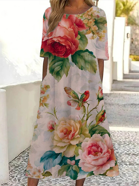 

Women Floral Half Sleeve Summer Printing Dress Crew Neck Daily Casual Maxi A-Line Dress, As picture, Casual Dresses