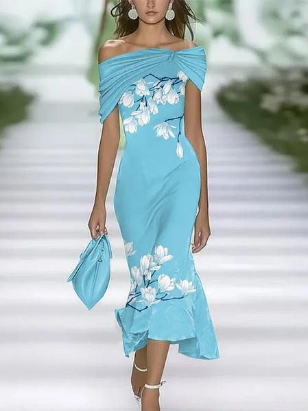 

Women Floral Cap Sleeve Summer Printing Dress Cold Shoulder Daily Vintage Maxi H-Line Dress, Blue, Casual Dresses