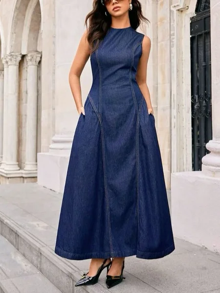 

Urban Plain Pockets Crew Neck Midi Dress, Blue, Maxi Dresses